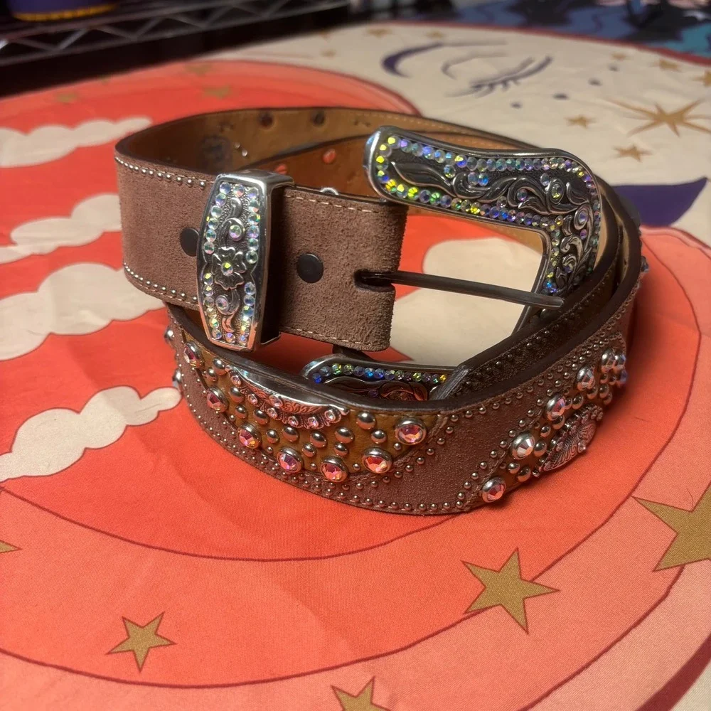 Tony Lama Leather Western Rhinestone Studded Belt 38 Oversized Buckle Cowboy